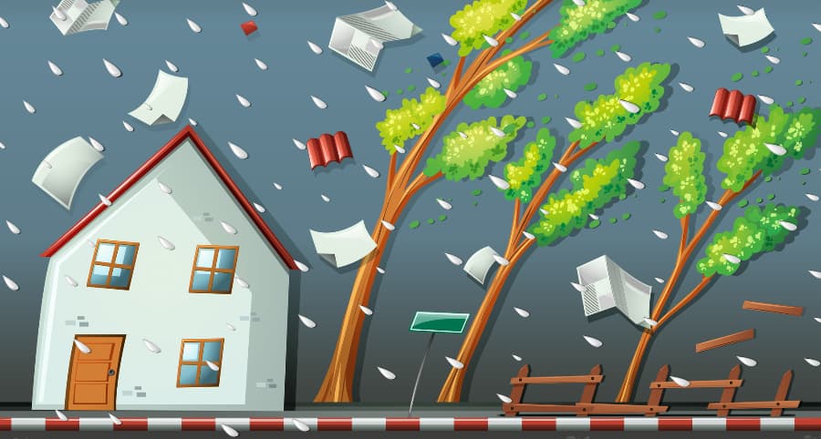 Graphic of a storm striking a residence and the surrounding environs